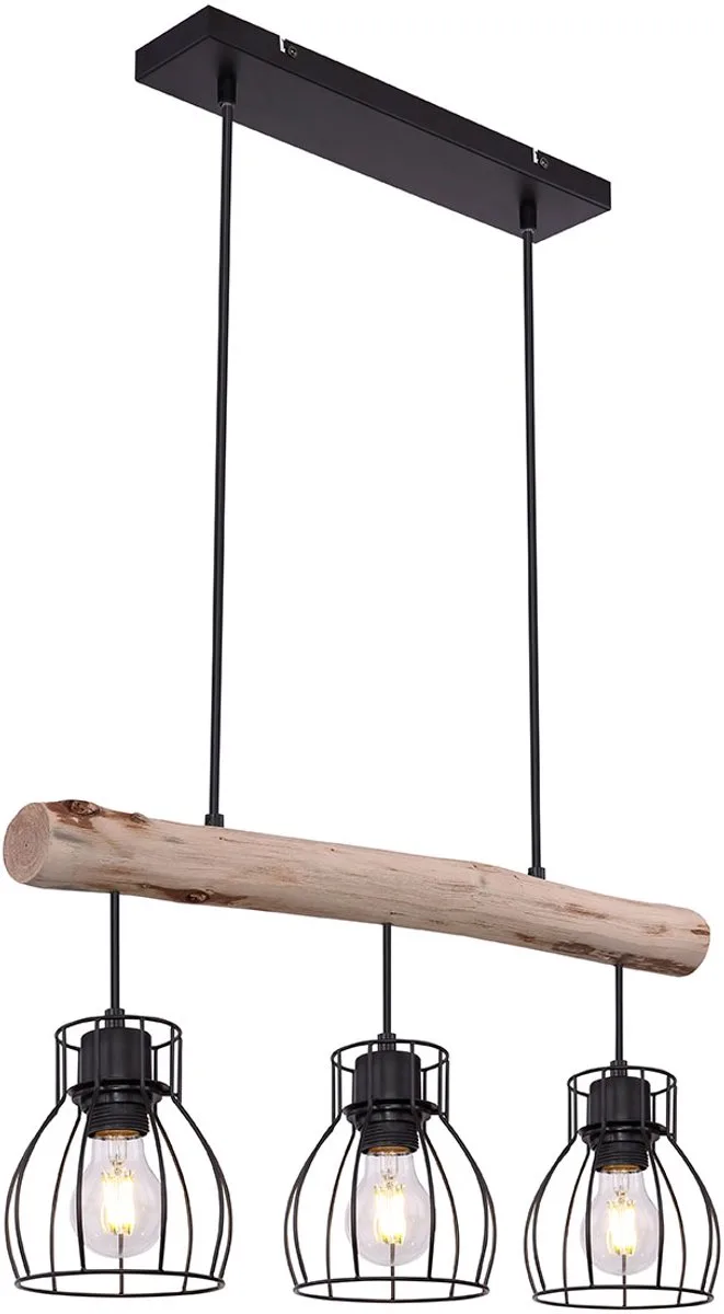 hanglamp - Mina - zwart - hout metaal - grote eettafellamp - E27 - 15326-3N de Globo en Naturel – photo produit