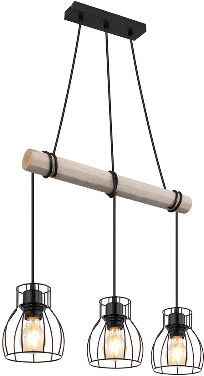 hanglamp - Mina - zwart - hout metaal - grote eettafellamp - E27 - 15326-3H de Globo en Naturel – photo produit