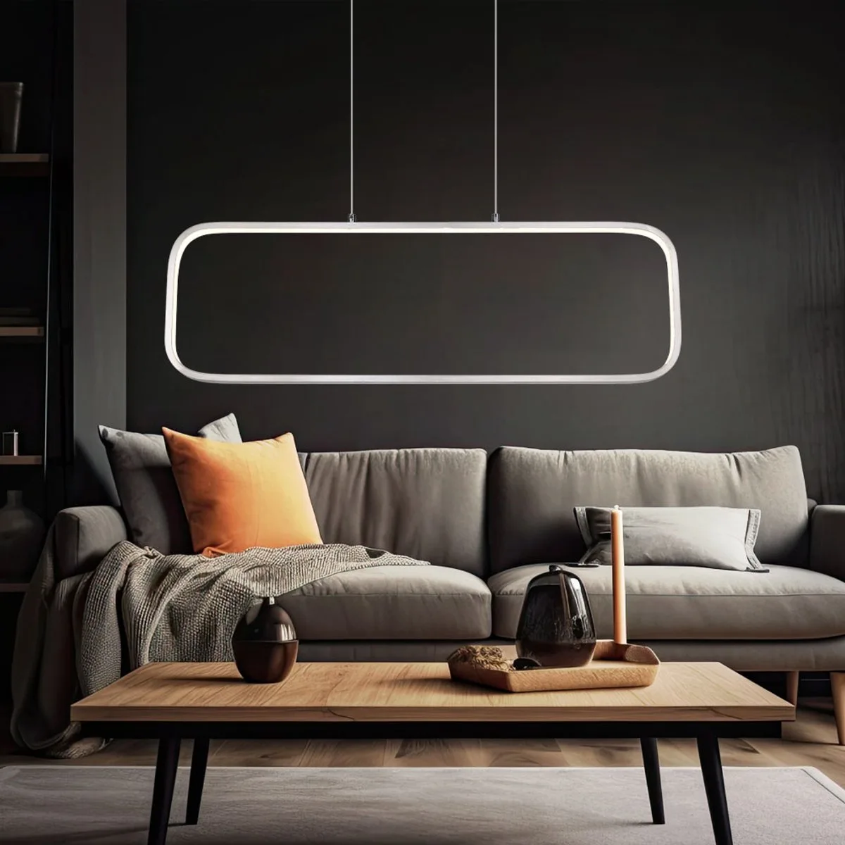Hanglamp moderne slaapkamerlamp hanglamp opaal, LED frame rechthoek, metaal mat, LED 24W 1400lm 3000K warm wit, LxBxH 80x10x120 cm de Globo en Argent – photo produit