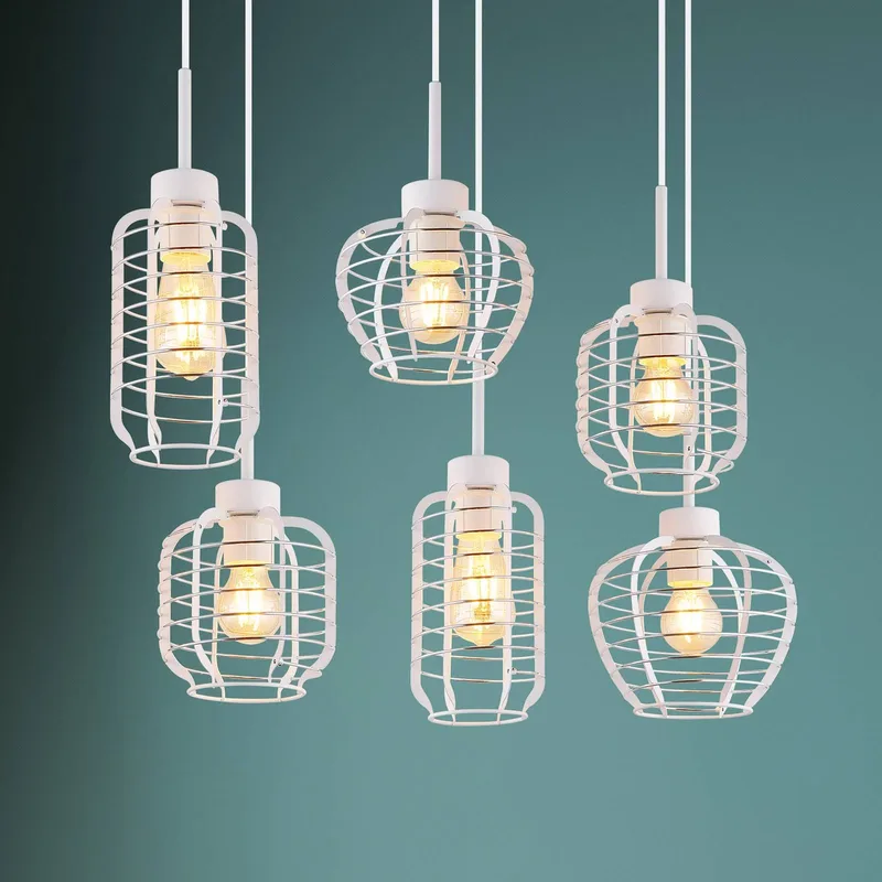 Hanglamp Nesa, lengte 77 cm, wit/chroom, metaal, 6-lamps de Globo en Blanc, Chrome – photo produit