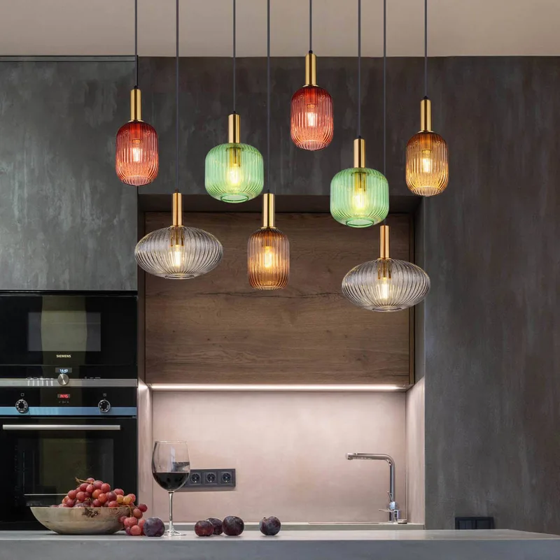 Hanglamp Normy, lengte 125 cm, kleurrijk, glas, 8-lamps. de Globo en Rokerig grijs, Vert, Koffiebruin, Braam, Messingkleurig – photo produit