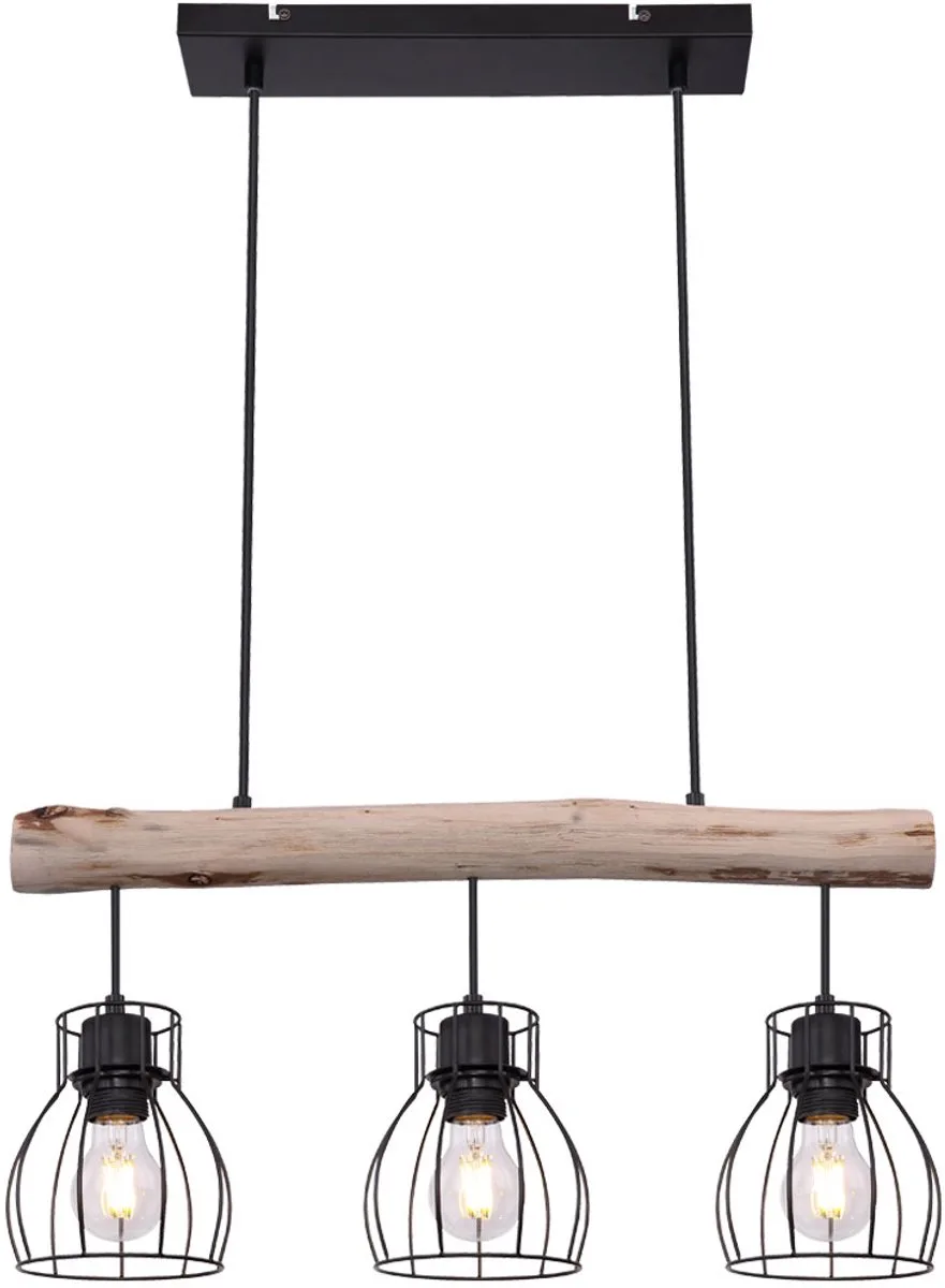 Hanglamp Pendel eetkamerlamp Plafondlamp Woonkamerlamp, houten balk, rustiek vintage retro, 3-bol, L 60 cm von Globo in Schwarz – Produktfoto