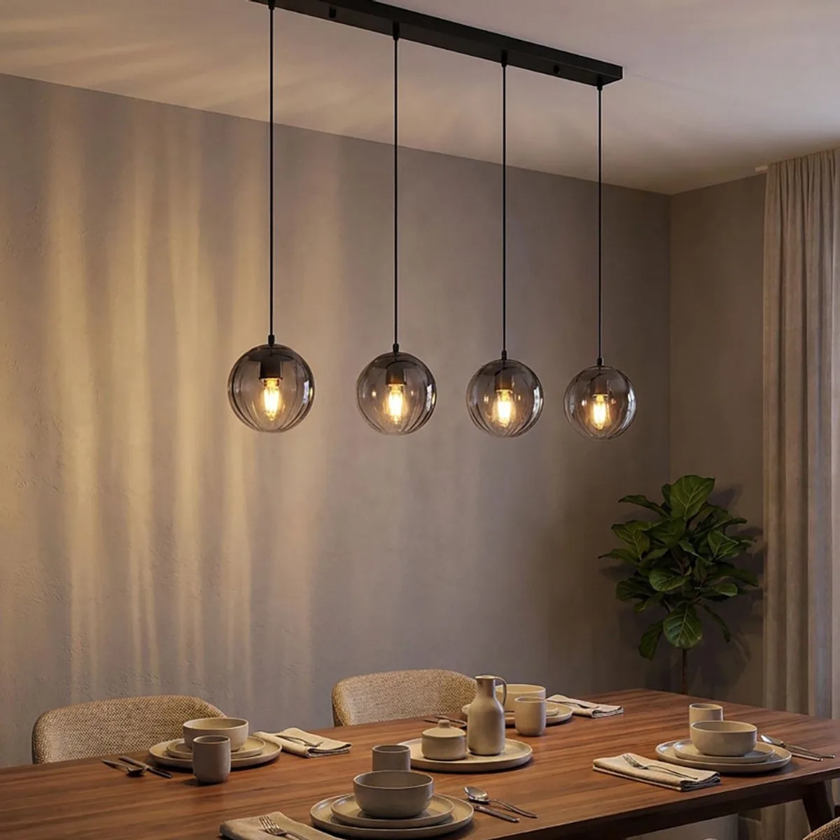 Hanglamp Plafondlamp Eetkamerlamp Glas Rookkleur 4-lichts, lengte x breedte x hoogte 104 x 17 x 120 cm, woonkamer Eetkamer Keuken fra Globo i Grå – produktbillede