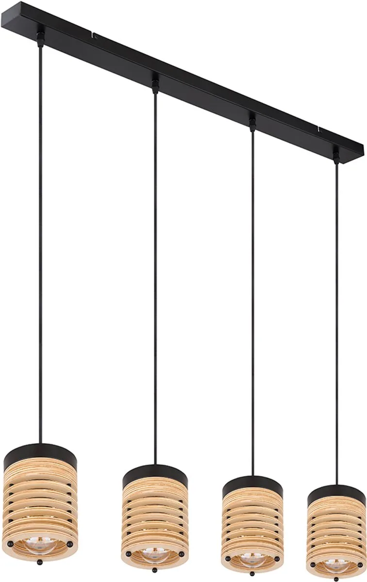 Hanglamp Plafondlamp Hanglamp Eettafel Woonkamerlamp Eetkamerlamp, metaal zwart MDF 4 vlammen E27, L 90 cm de Globo en Marron – photo produit