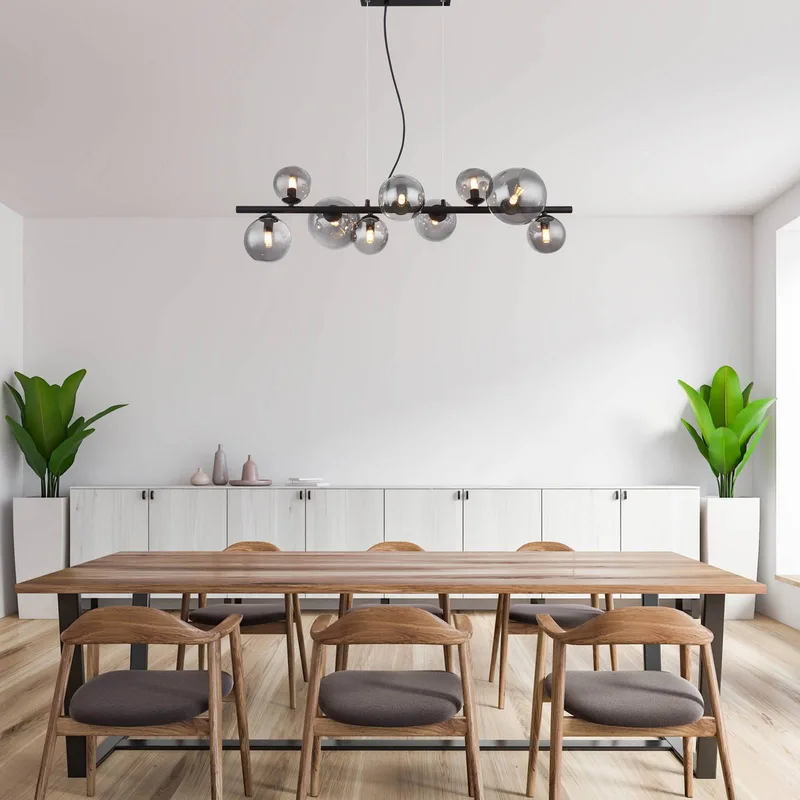 Hanglamp Riha, lengte 87 cm, zwart/rookkleurig, 9-lamps. de Globo en Matzwart, Rookgrijs-transparant – photo produit