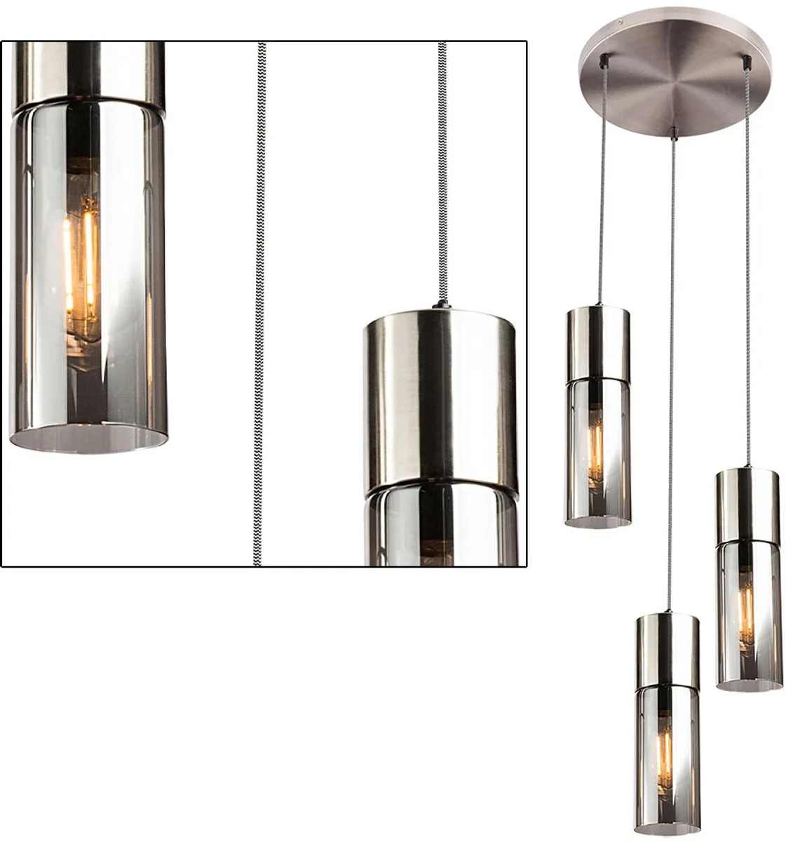 Hanglamp rookglas 3 vlam hanglamp nikkelkleurig eetkamerlamp glas, metaal, 3x E27 fitting, DxH 30x150 cm fra Globo i Sølv – produktbillede