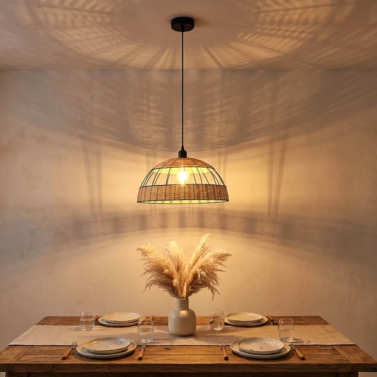 Hanglamp rotan boho eettafel hanglamp retro, draadraster zwart, 1x LED 7W 806Lm warm wit, DxH 40 x 120 cm von Globo in Braun – Produktfoto