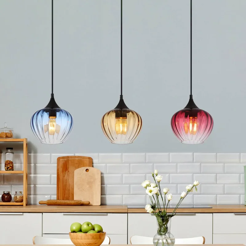 Hanglamp Sander, lengte 80 cm, kleurrijk, glas, 3-lamps. van Globo in Blauw, Rood, Amber, Zwart – productfoto