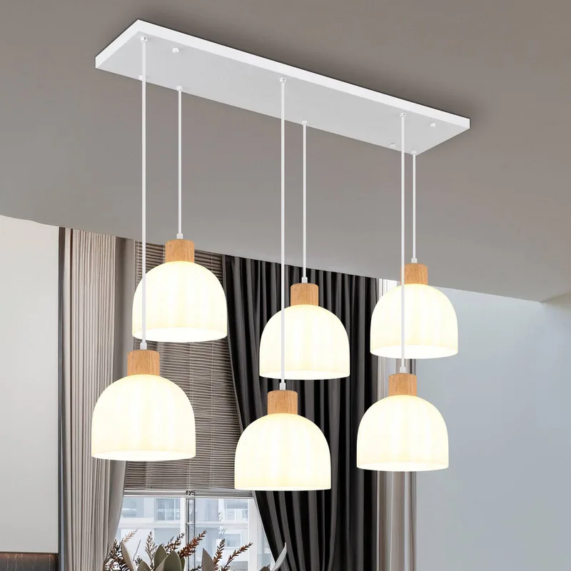 Hanglamp Swanson, lengte 105 cm, wit/bruin, glas/hout, 6-lamps fra Globo i Hvid, Hout, Opaal – produktbillede
