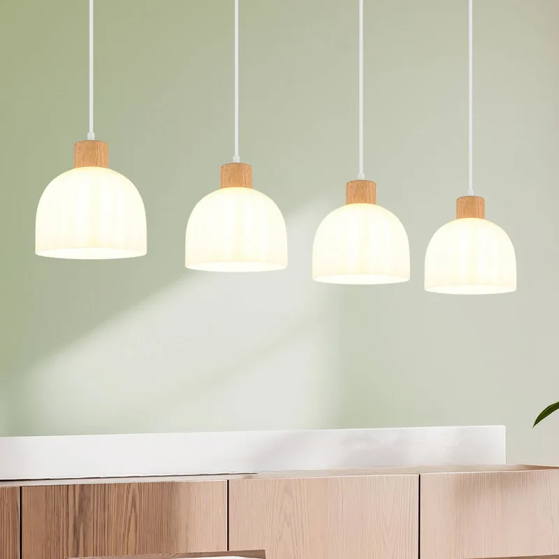 Hanglamp Swanson, lengte 113 cm, wit/bruin, glas/hout, 4-lamps de Globo en Blanc, Hout, Opaal – photo produit