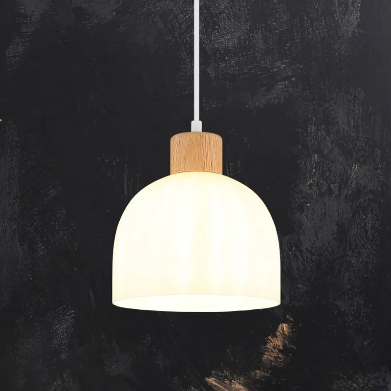 Hanglamp Swanson, Ø 20 cm, wit/bruin, glas/hout von Globo in Weiß, Hout, Opaal – Produktfoto