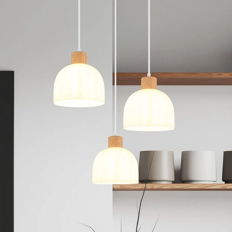 Hanglamp Swanson, Ø 51 cm wit/bruin, glas/hout, 3-lamps. de Globo en Blanc, Hout, Opaal – photo produit