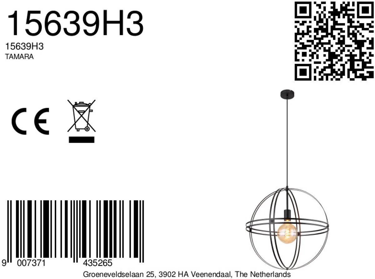 Hanglamp - TAMARA - metaal - Ø 50cm - E27 - 15639H3 van Globo in Zwart – productfoto