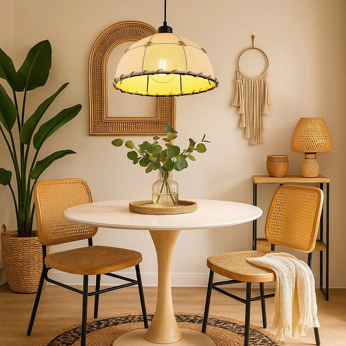 Hanglamp textiel Hanglamp decoratief stiksel van henneptouw Eetkamerlamp zwart, metaal, E27 fitting, DxH 30x120 cm fra Globo i Beige – produktbillede