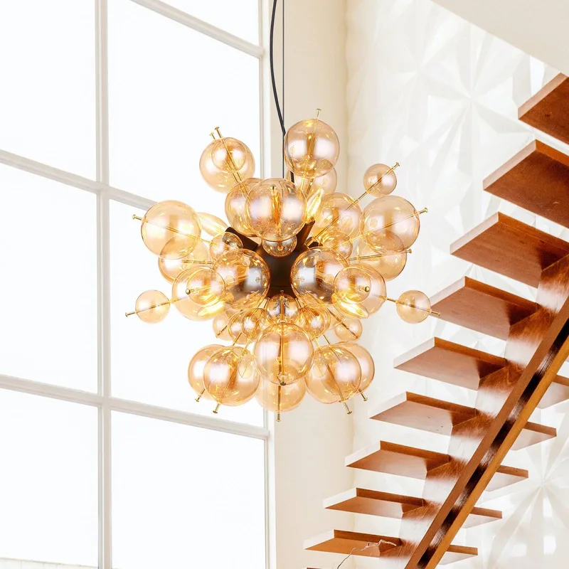 Hanglamp Udo, amberkleurig, Ø 55 cm, glas fra Globo i Amberkleurig, Zwart mat – produktbillede