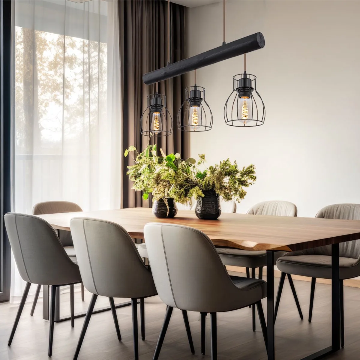Hanglamp vintage houten staaf retro houten lamp met zwarte traliekappen, metalen kooi, 3x E27 stopcontacten, HxLxB 140x60x13,6cm van Globo in Zwart – productfoto