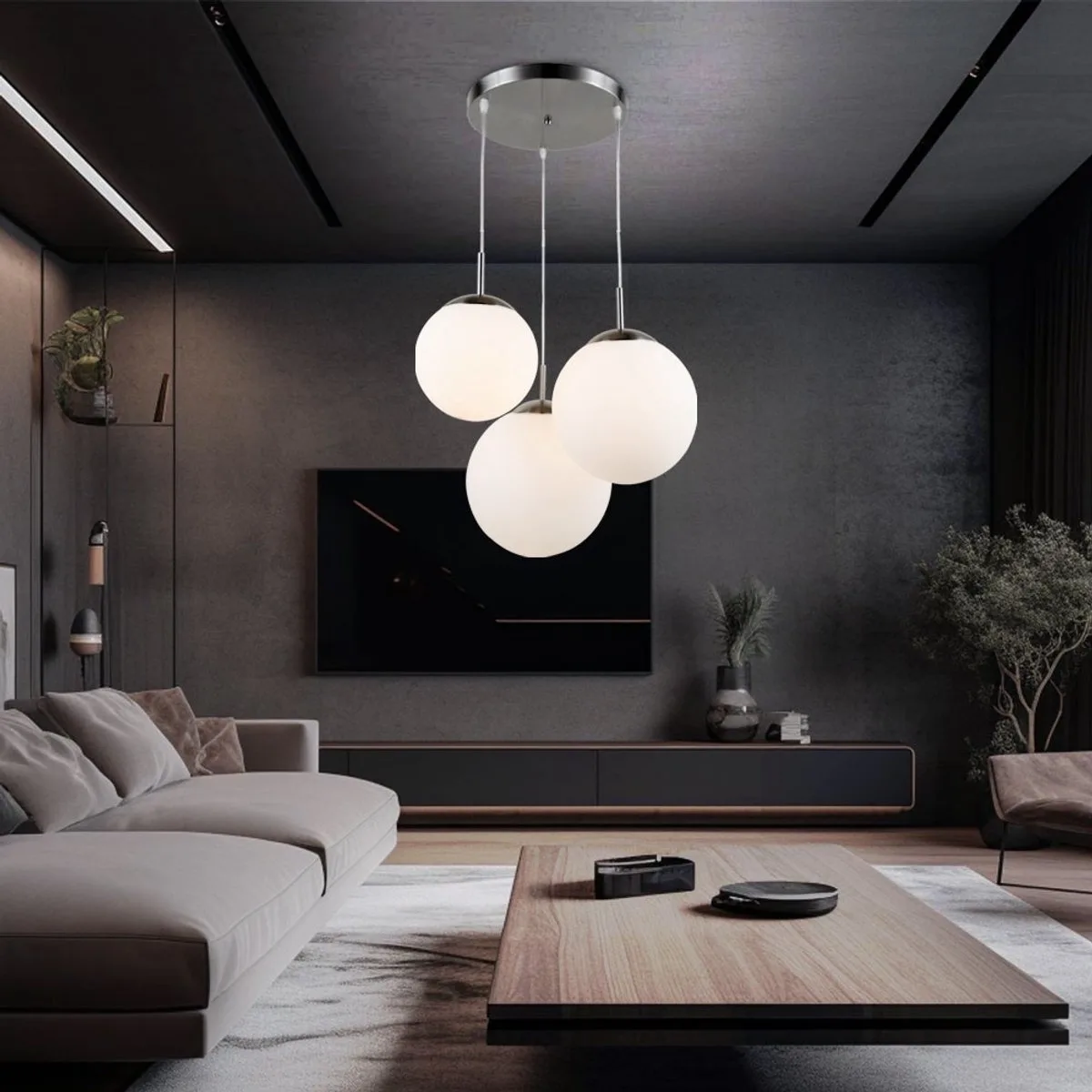 Hanglamp woonkamer globe hanglamp glas met verschillende maten lampenkappen, metaal, 3x LED 8 W 806lm warm DxH 52x80 cm de Globo en Blanc – photo produit