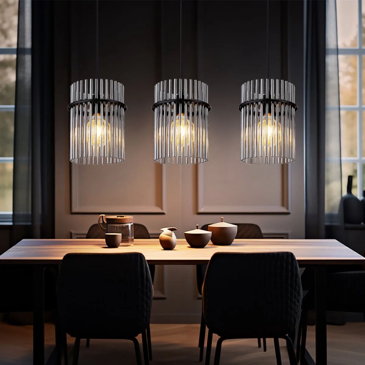 Hanglamp woonkamer hanglamp eetkamerlamp plafondlamp, metaal zwart glas rookkleurig, 3 vlammen E27, L 80 cm by Globo in Grey – product photo