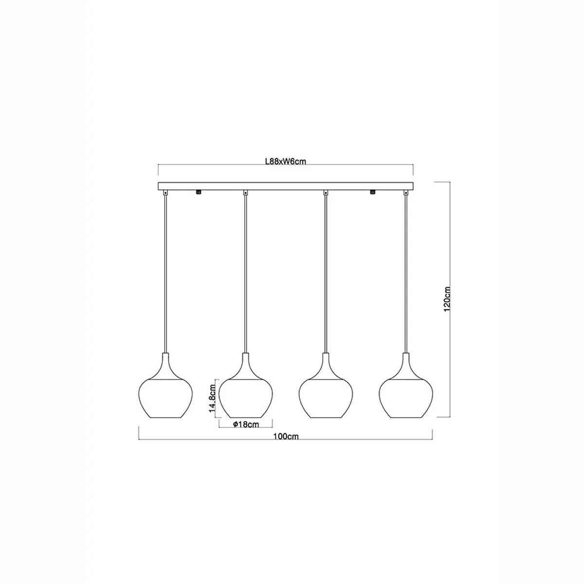 Hanglamp Woonkamerlamp Eetkamerlamp Keukenlamp Plafondlamp, metaal glas koperkleurig 4 vlammen E27, H 120 cm från Globo i Svart – produktbild