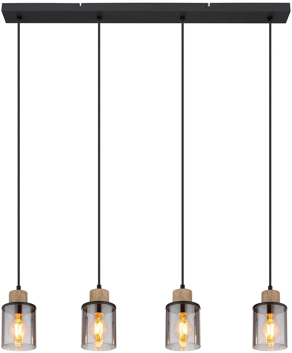 Hanglamp zwart eettafel lamp 4 vlammen rookglas hanglamp, metaal zwart mat, hout, 4x E27, LxBxH 78x10x120 cm von Globo in Schwarz – Produktfoto