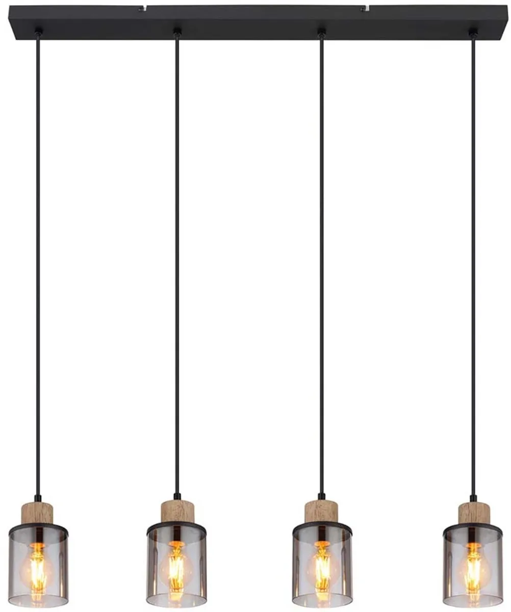 Hanglamp zwart eettafel lamp 4 vlammen rookglas hanglamp, metaal zwart mat, hout, 4x E27, LxBxH 78x10x120 cm de Globo en Noir – photo produit