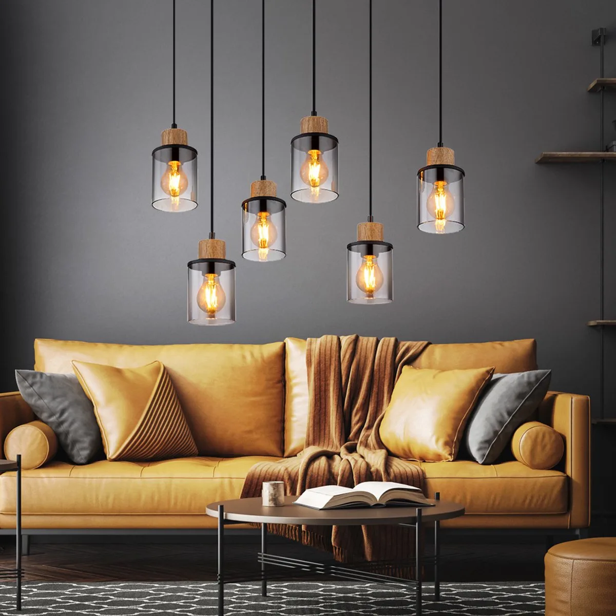 Hanglamp zwart eettafellamp 4 vlammen rookglas hanglamp hout in hoogte verstelbaar, metaal, 6x E27 fitting, LxBxH 62x18x120 cm de Globo en Gris – photo produit