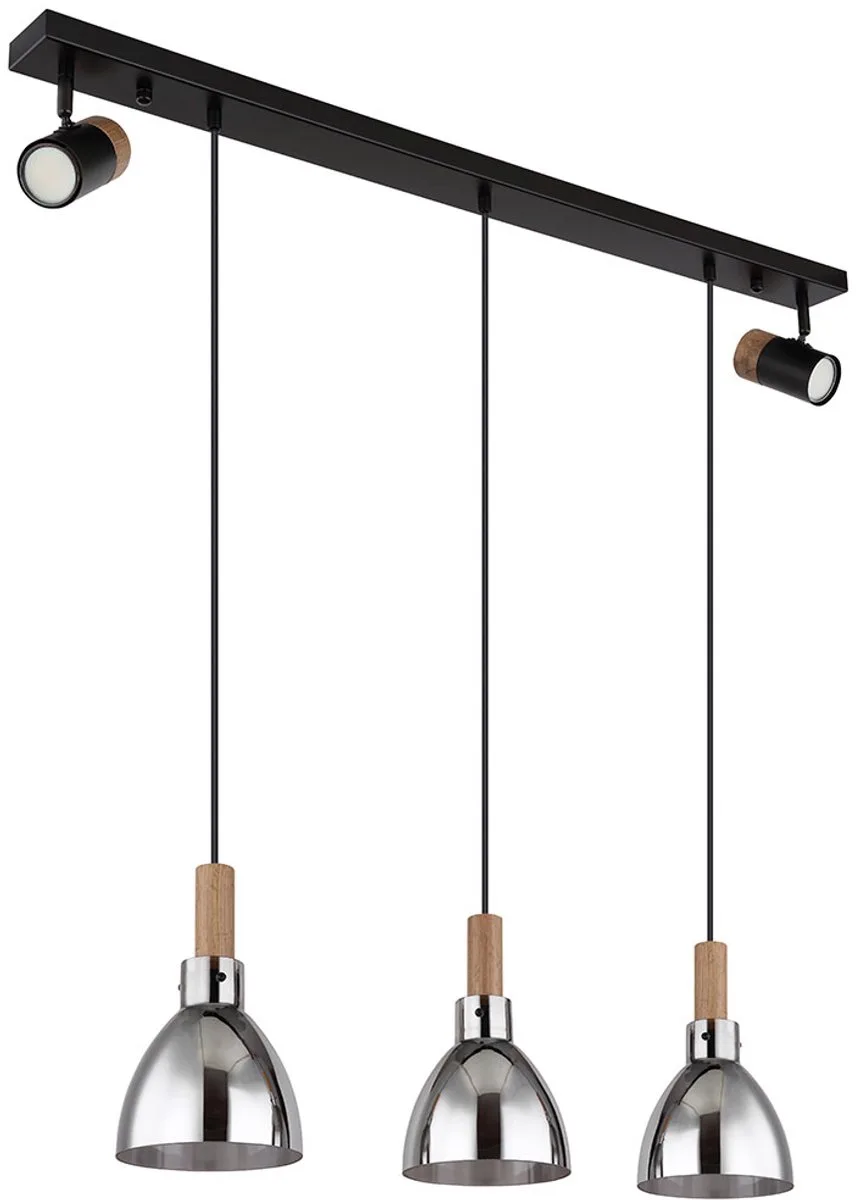 Hanglamp zwart hanglamp modern eettafel lamp, 5-vlam draaibare spots hout look, metaal glas, smoke, GU10/E27 fitting, LxBxH 95x16x120 cm de Globo en Gris – photo produit