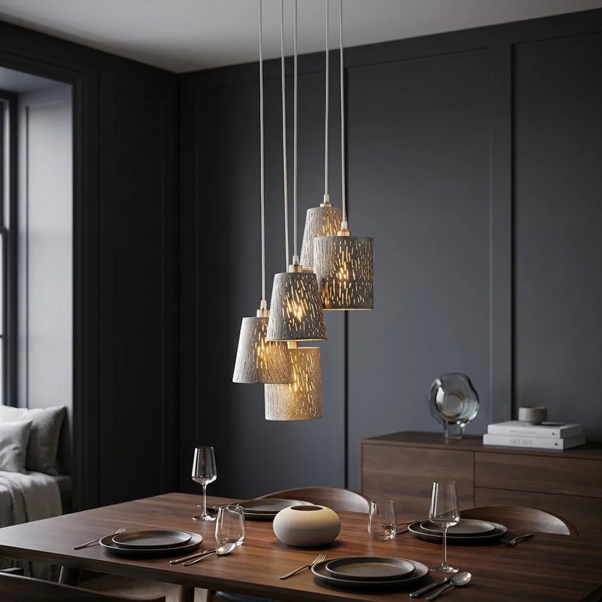 Hanglampen set 5 kappen 'Tarok' zilver metalic E14 fitting de Globo en False – photo produit