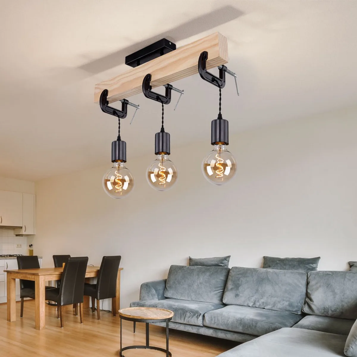 Houten lamp plafondlamp 3 vlammen eetkamerlamp woonkamer, hout metaal natuurlijke kleur 3x E27 fitting, HxLxB 39x60x14 cm von Globo in Schwarz – Produktfoto