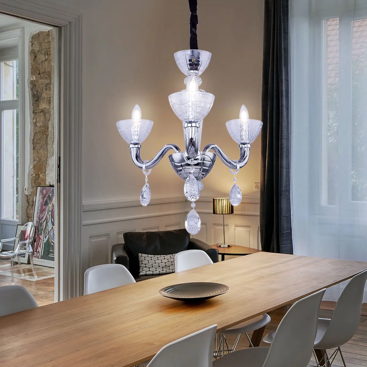 Kristallen plafondlamp Moderne kroonluchter 3 vlam kristallen hanglamp glas, rookkleurig, chroom, 3x E14, DxH 58x135 cm de Globo en Argent – photo produit