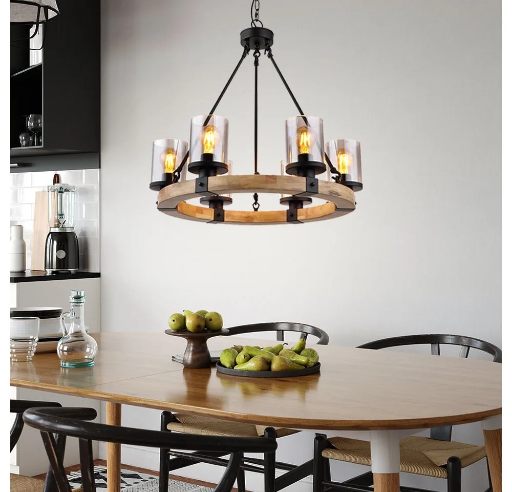Kronleuchter, Leuchtmittel inklusive, Warmweiß, Kronleuchter Pendellampe Esszimmerleuchte 6-flammig Metall Holz de Globo en Noir – photo produit