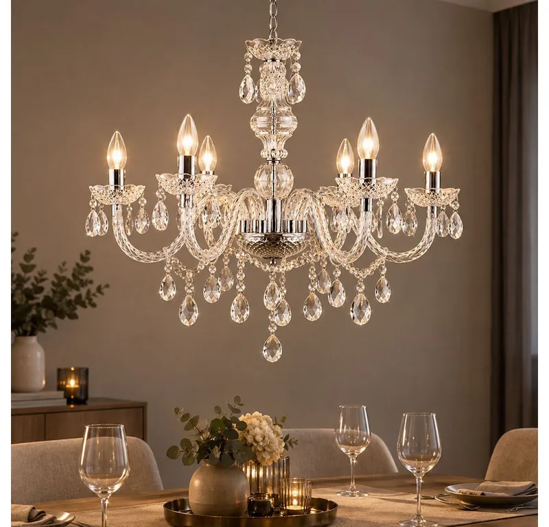 Kronleuchter, Leuchtmittel nicht inklusive, Kronleuchter Kristallbehang Pendelleuchte hängend Esszimmer de Globo en Argent – photo produit