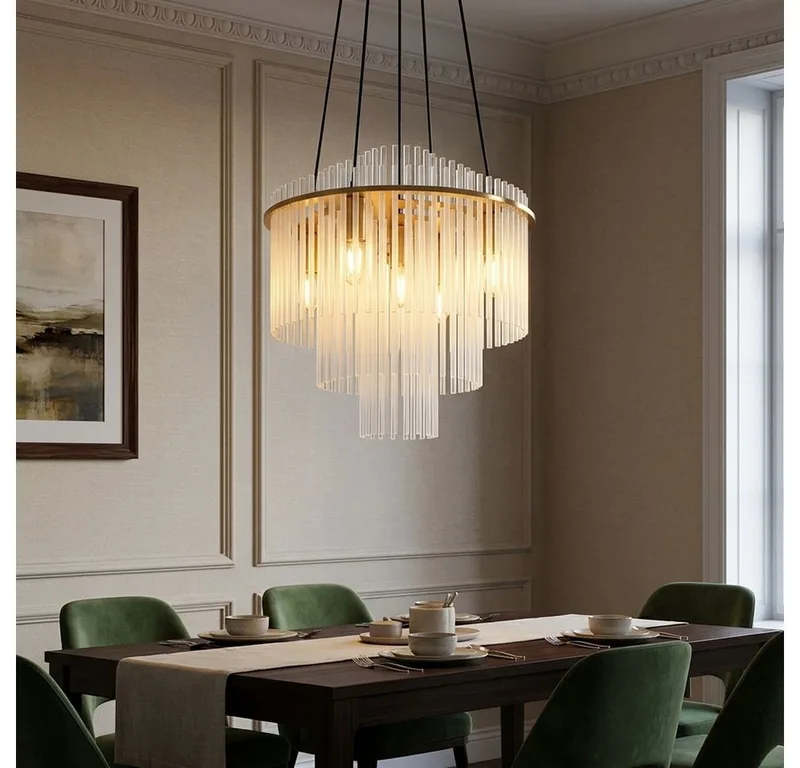 Kronleuchter, Leuchtmittel nicht inklusive, Kronleuchter Metall Glas gold Glasstäbe opal gemustert H 120 cm van Globo – productfoto