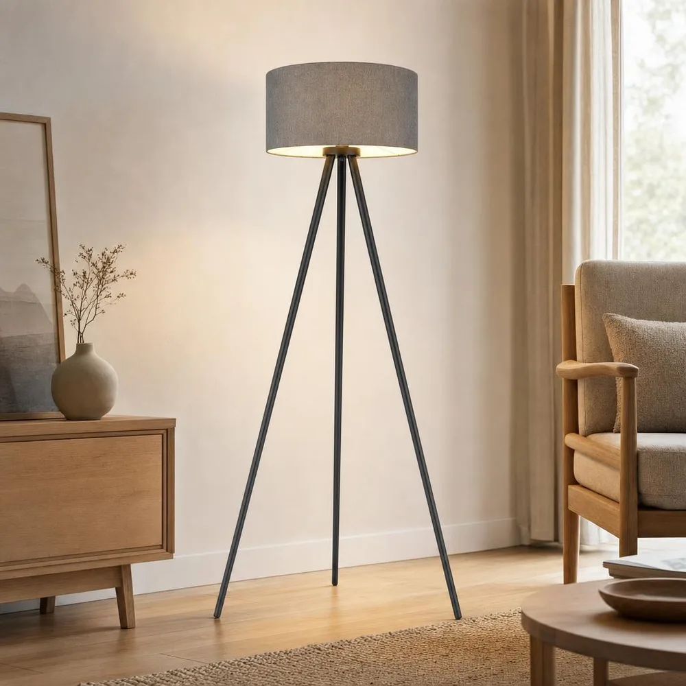 Lampadaire Lampe De Salon Commande Au Pied Bois Tissu H 148 Cm de Globo en Noir – photo produit