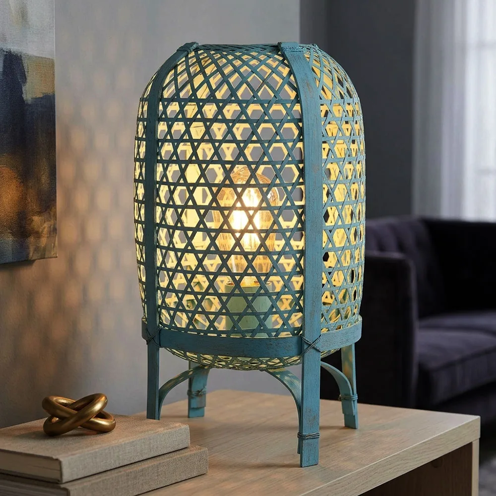 Lampe De Table Led, Lampe De Salon, Interrupteur, Métal, Bambou, H 37 Cm de Globo en Bleu – photo produit