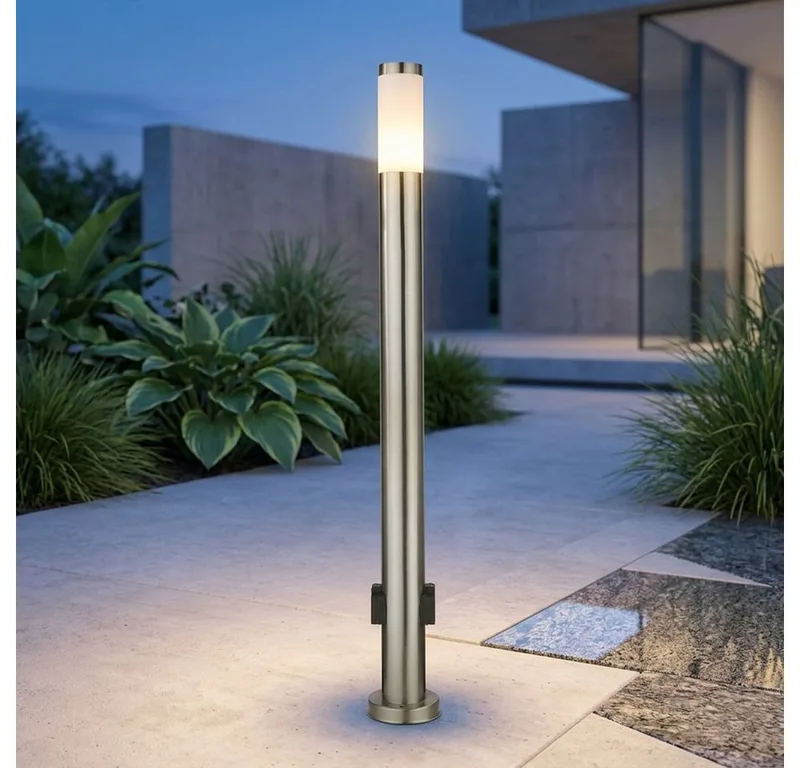 LED Außen-Stehlampe, Leuchtmittel inklusive, Warmweiß, Außenleuchte Stehlampe Pollerleuchte LED Steckdosen Edelstahl opal von Globo in Silber – Produktfoto