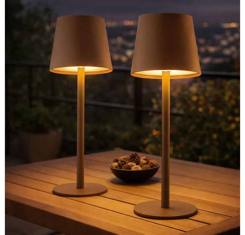 LED Außen-Tischleuchte, LED-Leuchtmittel fest verbaut, Warmweiß, 2er Set Tischlampe Innen Außen dimmbar LED Tischleuchte Akku USB Kabel by Globo in Brown – product photo