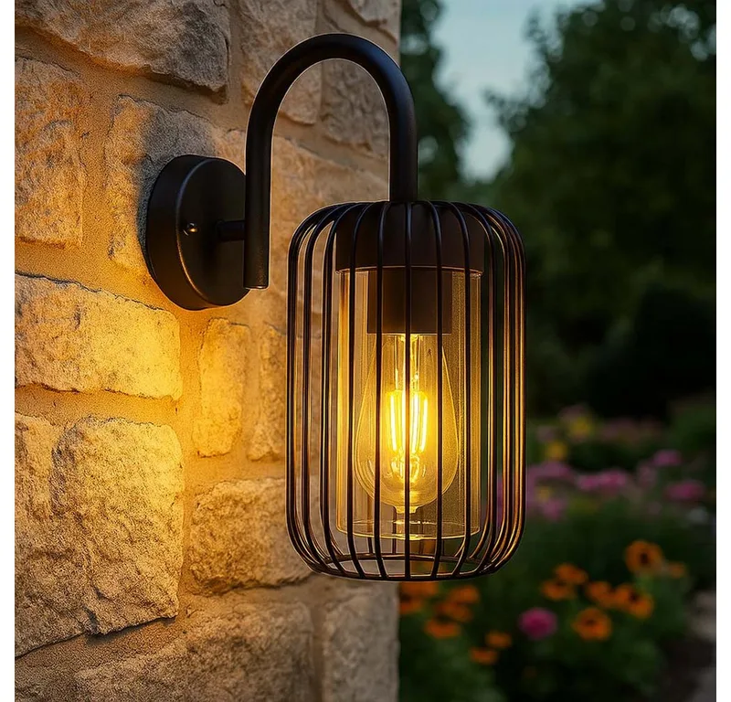 LED Außen-Wandleuchte, Leuchtmittel inklusive, Warmweiß, Wandleuchte Außenlampe LED Gitter Fassadenleuchte Retro Garten von Globo in Schwarz – Produktfoto
