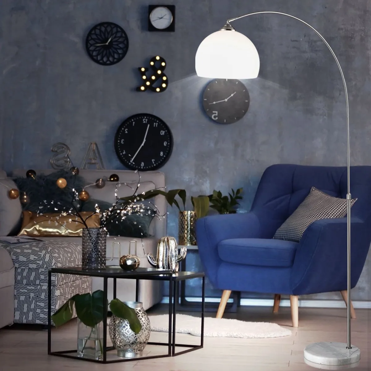 LED boog vloerlamp in hoogte verstelbare booglamp woonkamer lamp marmeren voet vloerlamp, 1x E27 LED warm wit, woonkamer slaapkamer hal by Globo in Silver – product photo