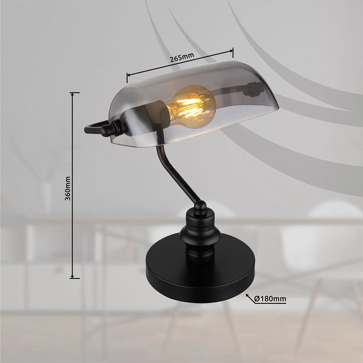 LED bureaulamp Bankerlamp Tafellamp rookglas Leeslamp, metaal, 7W 806Lm warm wit, LxH 25x32 cm fra Globo i Sort – produktbillede