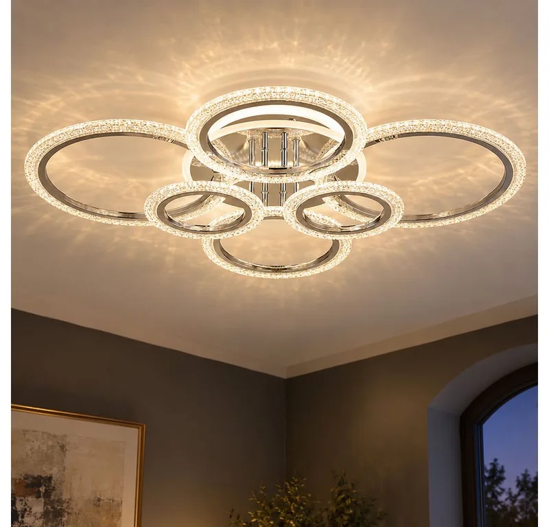 LED Deckenleuchte, LED-Leuchtmittel fest verbaut, Farbwechsel, Neutralweiß, Kaltweiß, Warmweiß, Tageslichtweiß, LED Deckenleuchte Deckenlampe Chrom CCT Farbwechsler Kristalloptik von Globo – Produktfoto