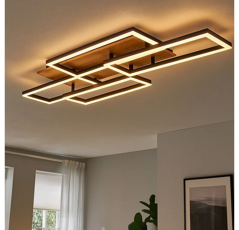 LED Deckenleuchte, LED-Leuchtmittel fest verbaut, Kaltweiß, Warmweiß, Neutralweiß, Tageslichtweiß, Farbwechsel, Designleuchte Deckenlampe LED holzoptik Fernbedienung CCT dimmbar de Globo en Marron – photo produit