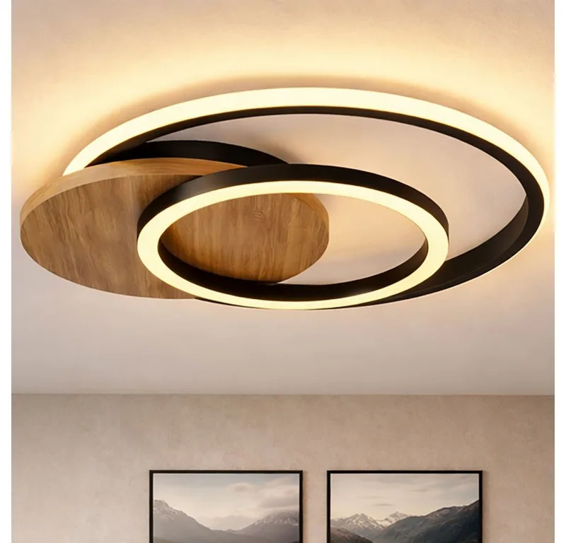 LED Deckenleuchte, LED-Leuchtmittel fest verbaut, Warmweiß, Deckenleuchte Designlampe Holz schwarz Ringe Wohnzimmerleuchte opal de Globo en Marron – photo produit