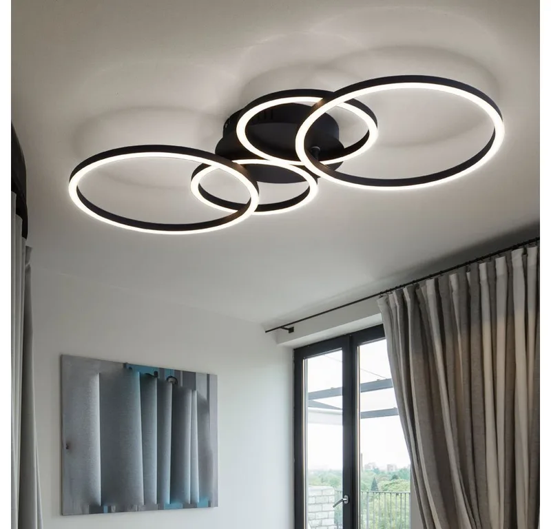 LED Deckenleuchte, LED-Leuchtmittel fest verbaut, Warmweiß, Deckenleuchte Ringleuchte Deckenlampe Innen Leuchte vier Ringe von Globo in Schwarz – Produktfoto