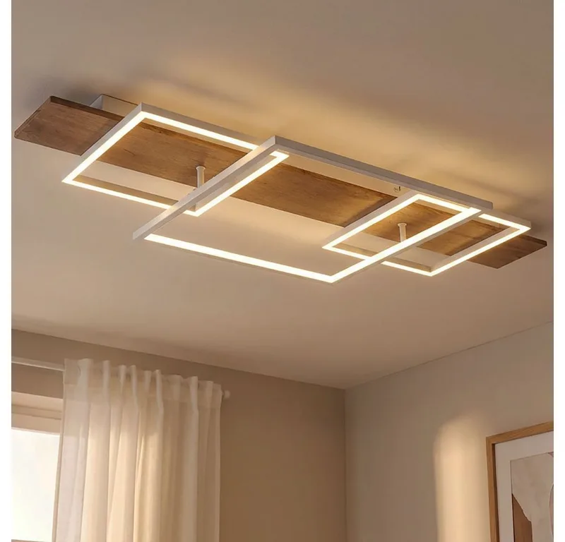 LED Deckenleuchte, LED-Leuchtmittel fest verbaut, Warmweiß, LED Deckenleuchte Metall Holzoptik Dimmbar Memoryfunktion L 95 cm de Globo en Blanc – photo produit