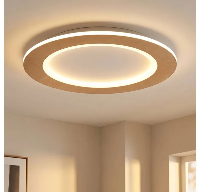 LED Deckenleuchte, LED-Leuchtmittel fest verbaut, Warmweiß, Tageslichtweiß, Deckenlampe Deckenleuchte CCT Schaltung LED Backlight Holzoptik rund by Globo in Brown – product photo