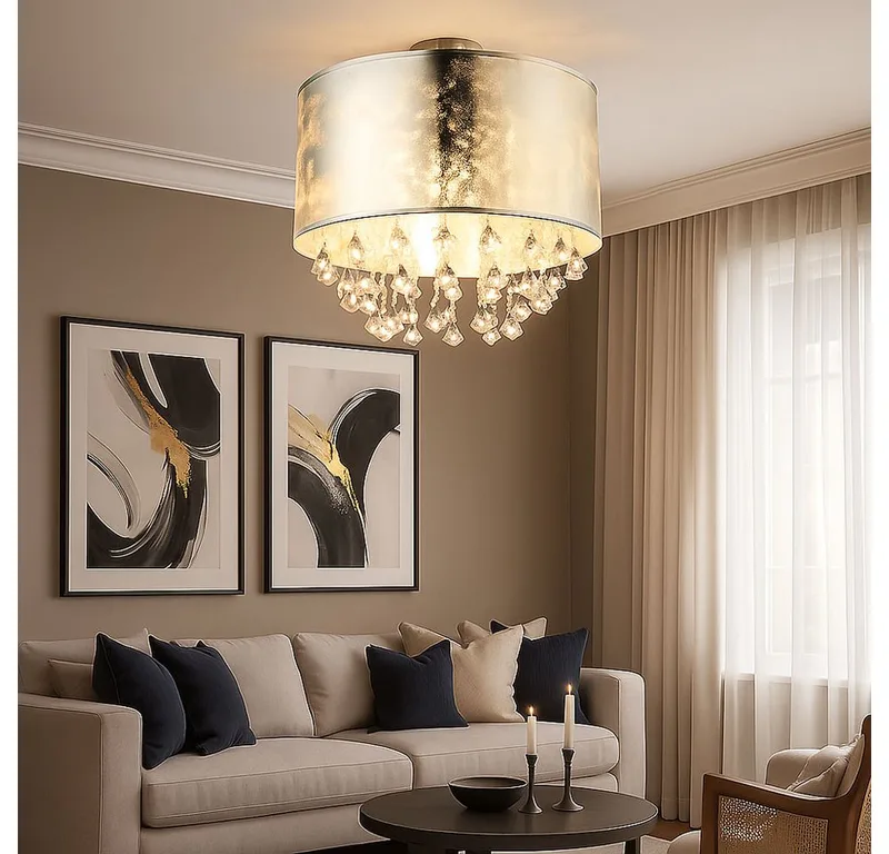 LED Deckenleuchte, Leuchtmittel inklusive, Kristall Decken Leuchte Wohn Schlaf Zimmer Textil Lampe by Globo in Silver – product photo
