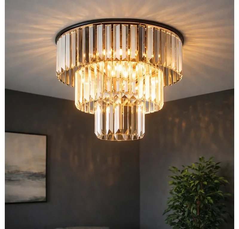 LED Deckenleuchte, Leuchtmittel inklusive, Warmweiß, Deckenlampe Esszimmerleuchte LED Kronleuchter Glaskristalle rauch von Globo in Schwarz – Produktfoto