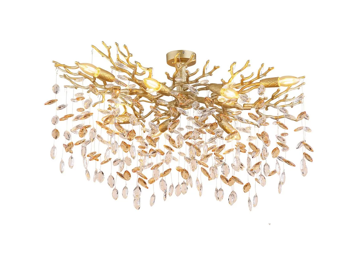 LED Deckenleuchte mit Kristall 2-farbig, Breite 85cm, dimmbar, LED wechselbar, Warmweiß, ausgefallene extravagante große Deckenlampe in Zweigoptik mit E14 LED by Globo in Gold – product photo