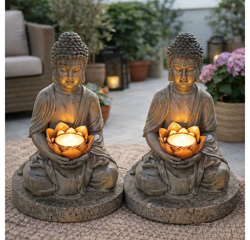 LED Dekofigur, LED-Leuchtmittel fest verbaut, 2er Set LED Solarlampe Gartendeko Blumenbeet Buddha von Globo in Grau – Produktfoto